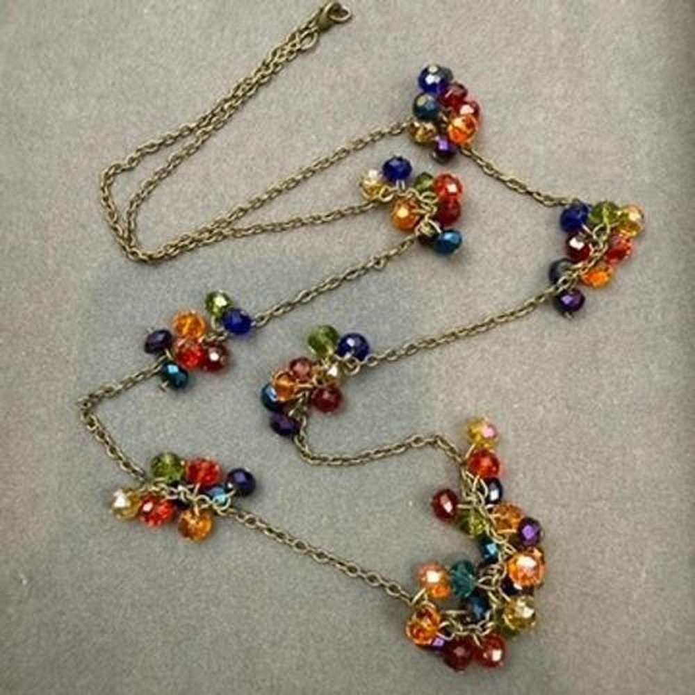 Boho Rainbow‎ Crystal Necklace Beaded Cluster Station Long Antique Brass Tone